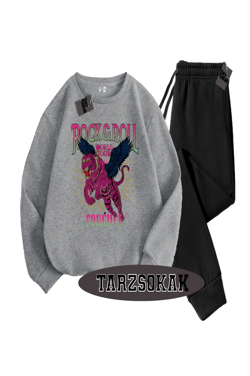 Siyah Kapşonlu RockRoll Detaylı ikili TAKIM