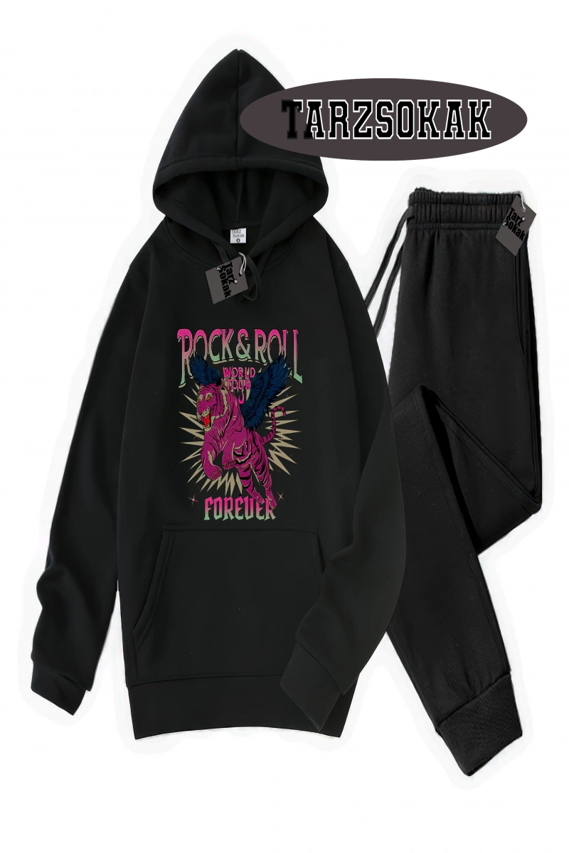 Siyah Kapşonlu RockRoll Detaylı ikili TAKIM