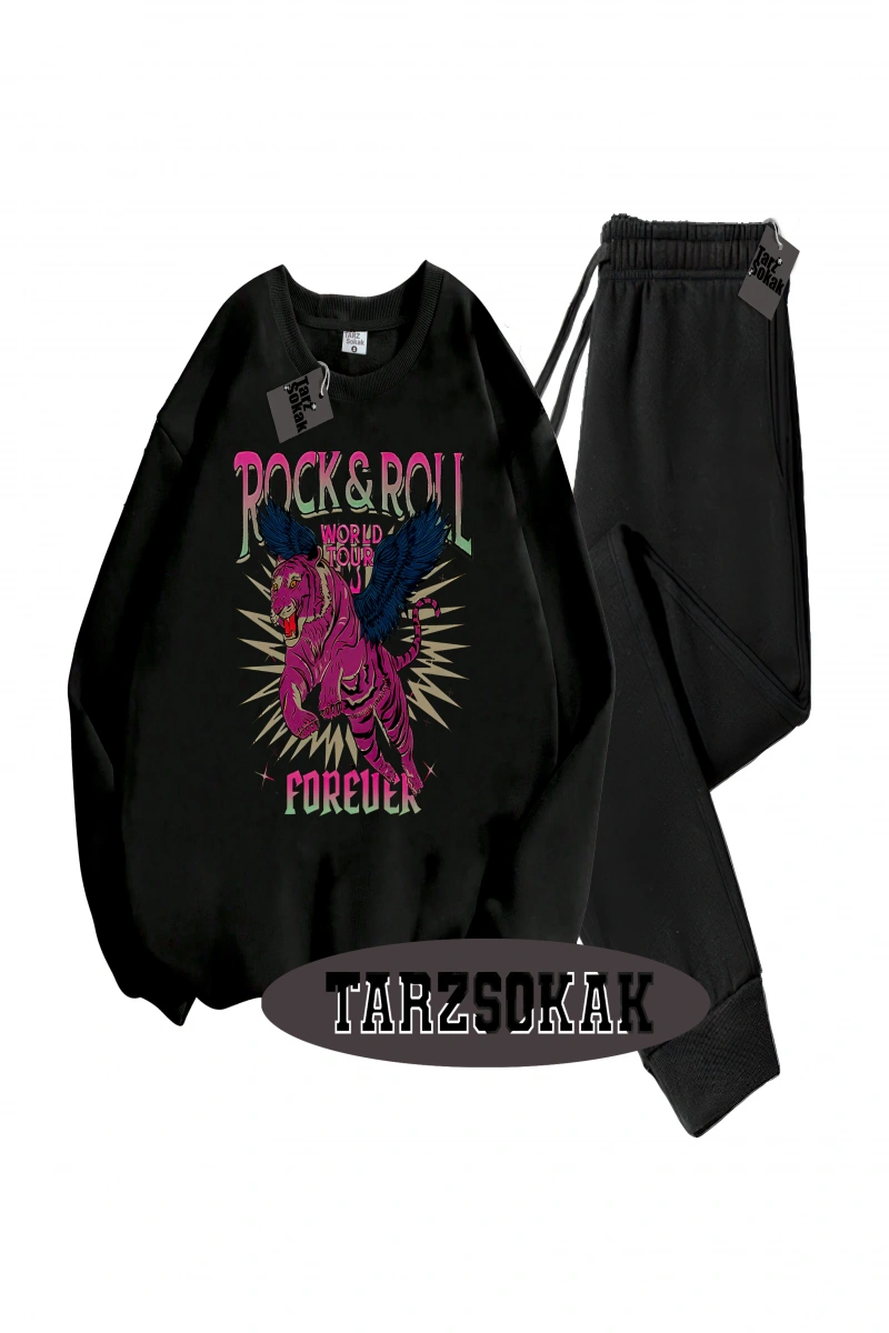 Siyah Kapşonlu RockRoll Detaylı ikili TAKIM