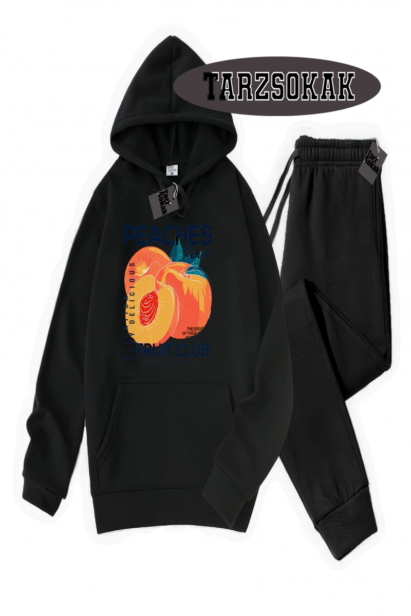 Siyah Kapşonlu ŞEftali Detaylı ikili TAKIM