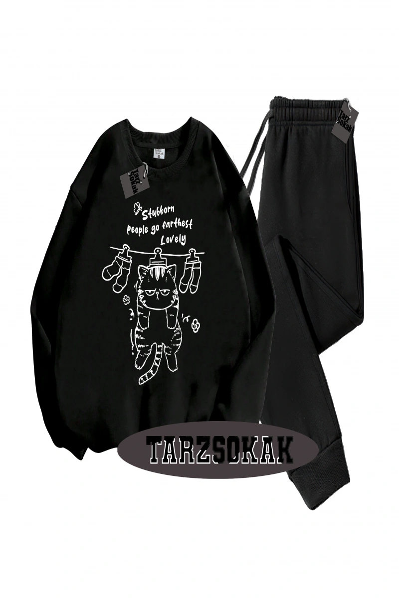 Siyah Kapşonlu Stubborn Detaylı ikili TAKIM