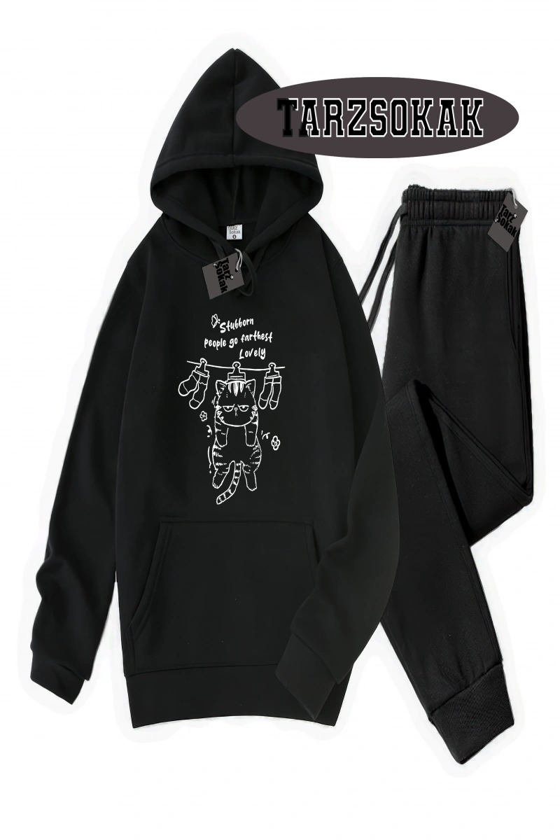 Siyah Kapşonlu Stubborn Detaylı ikili TAKIM