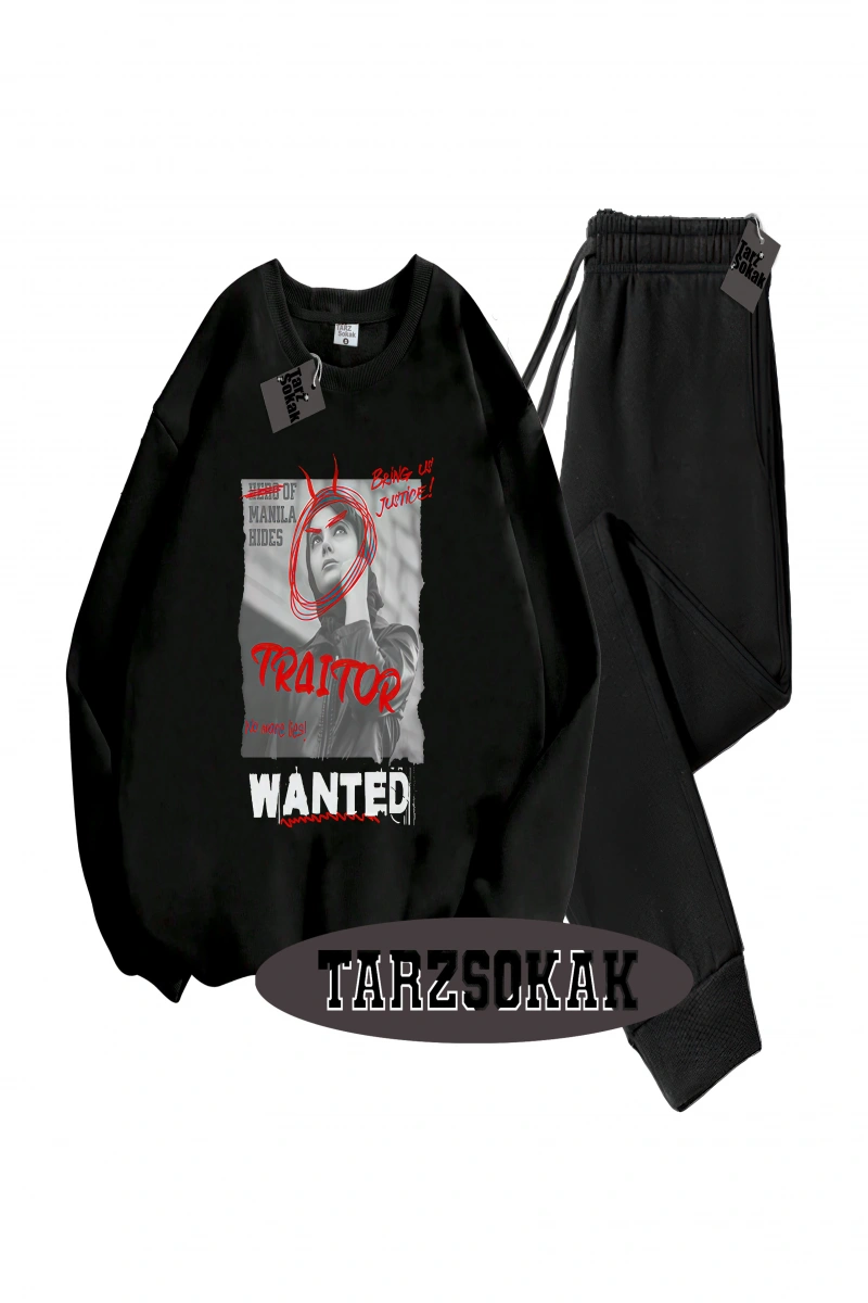 Siyah Kapşonlu Wanted Detaylı ikili TAKIM