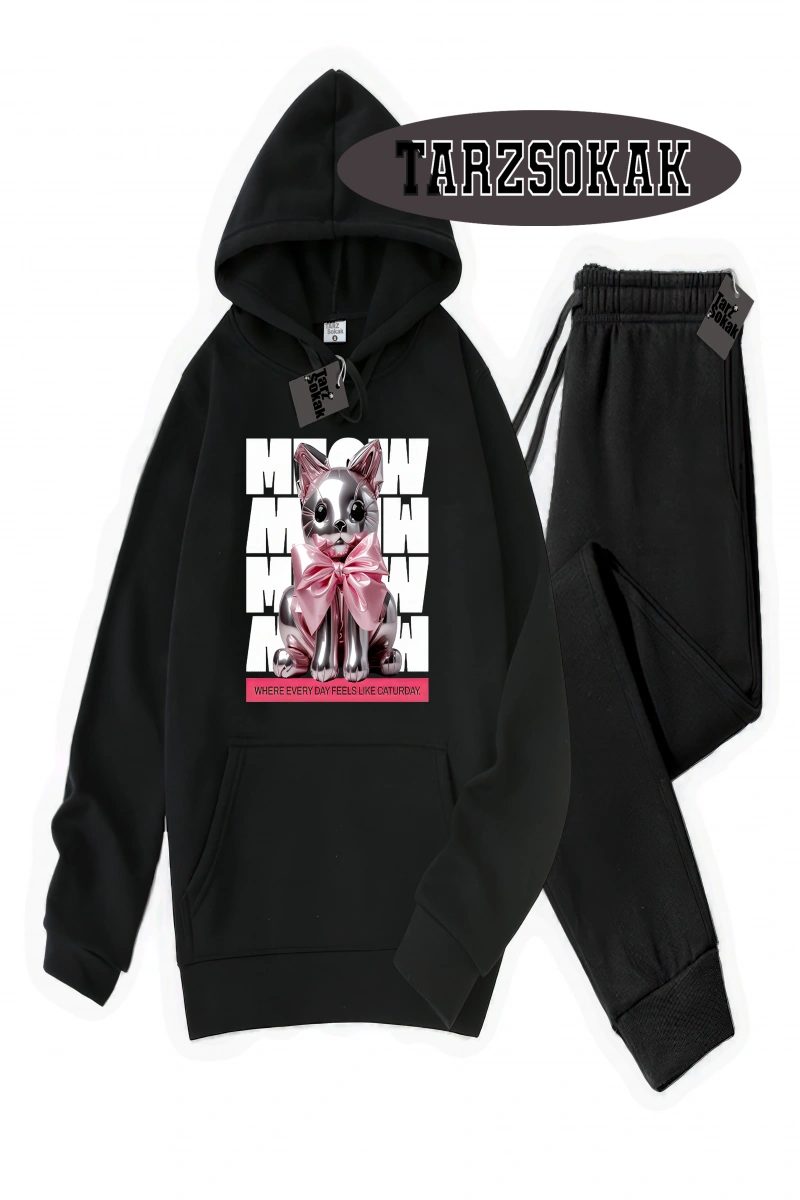 Siyah Kapşonlu Where Everday Detaylı ikili TAKIM