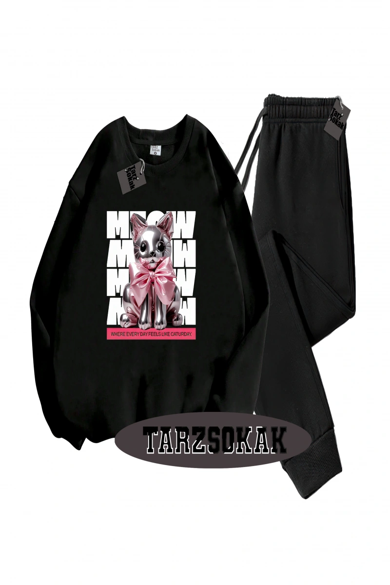 Siyah Kapşonlu Where Everday Detaylı ikili TAKIM