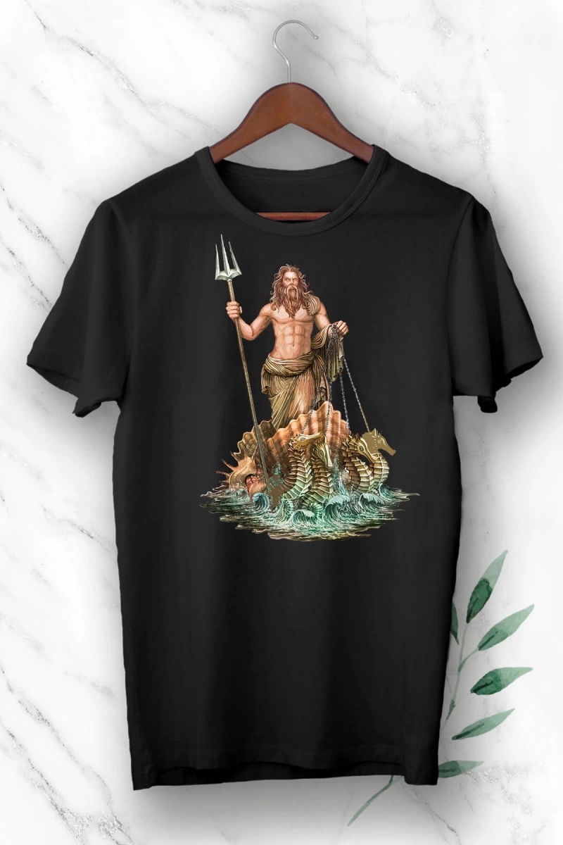 Siyah Mitoloji Denizler Tanrısı Poseidon Baskılı Unısex Tişört
