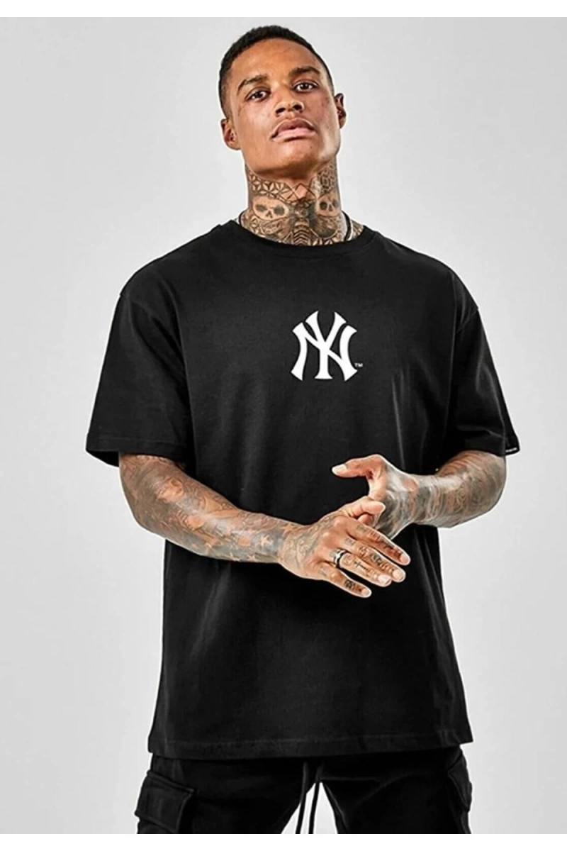 Siyah Oversize Ny Ci?ty Baskılı Pamuklu Unisex Bisiklet Yaka Tshirt