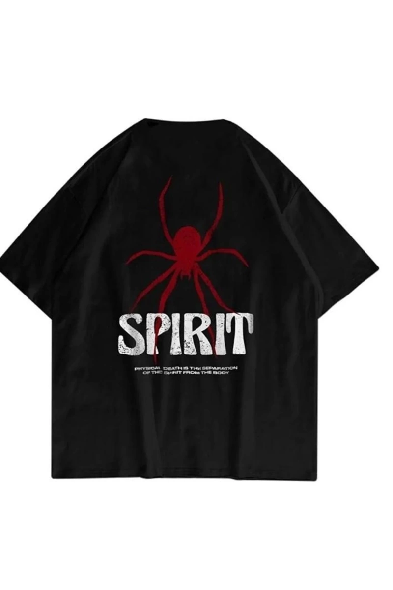 Siyah Oversize Spirit Baskılı Pamuklu Unisex Tshirt