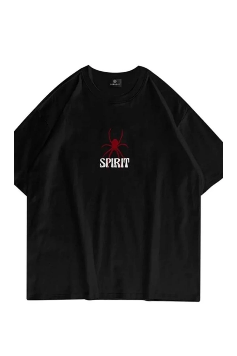 Siyah Oversize Spirit Baskılı Pamuklu Unisex Tshirt
