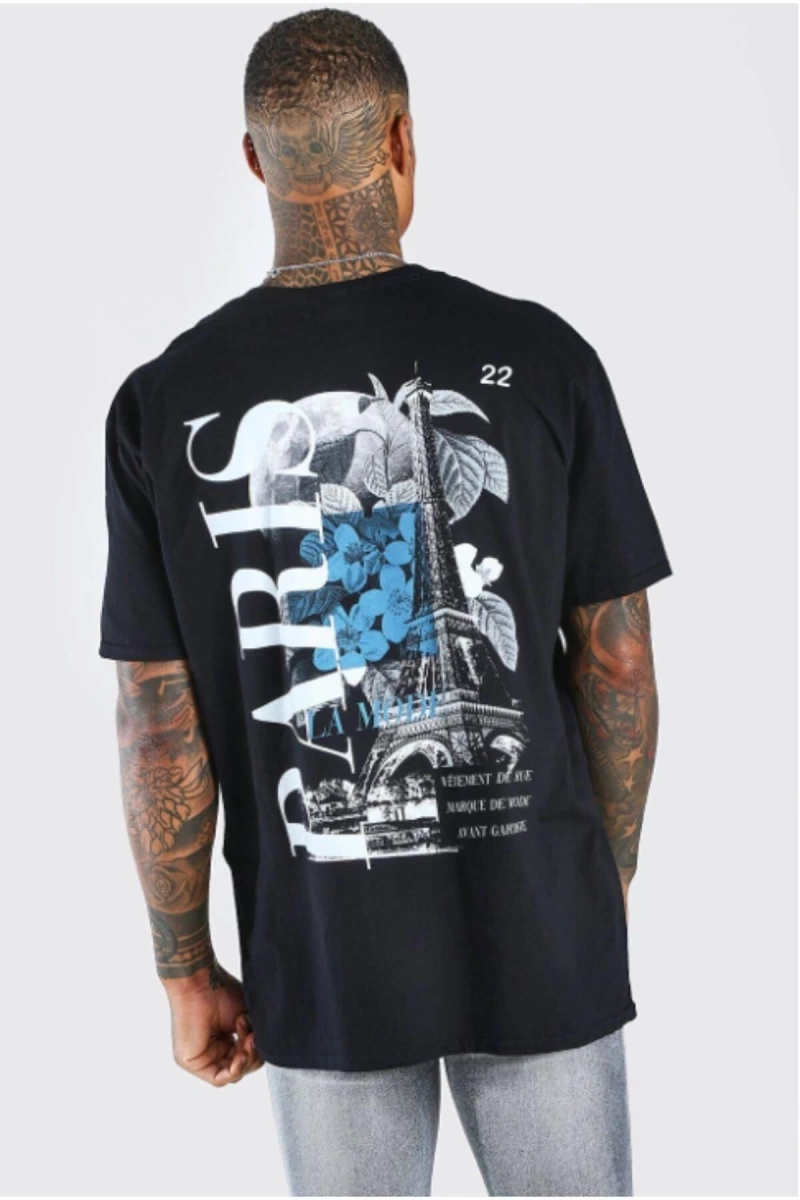 Siyah Paris Baskılı Oversize Bisiklet Yaka T-shirt