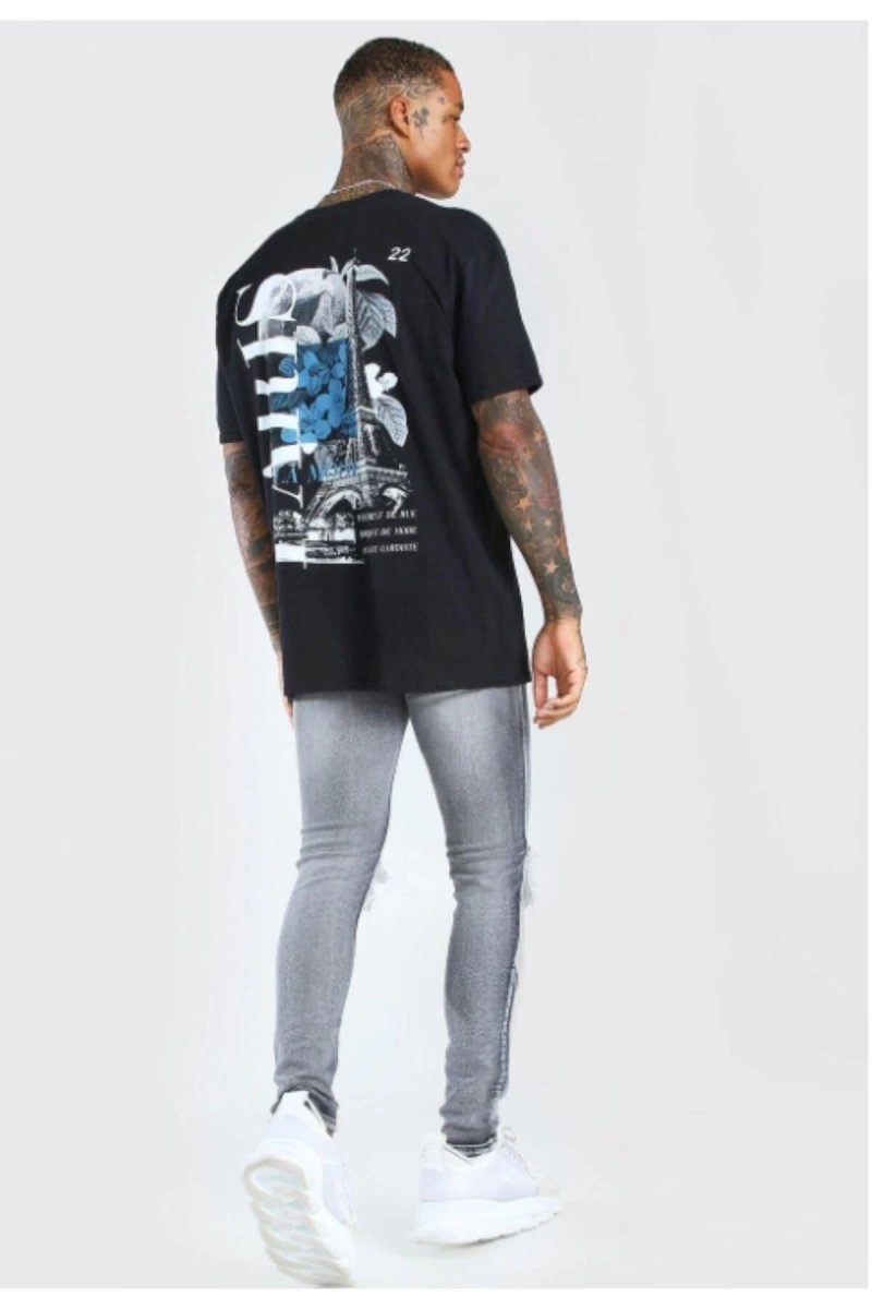 Siyah Paris Baskılı Oversize Bisiklet Yaka T-shirt