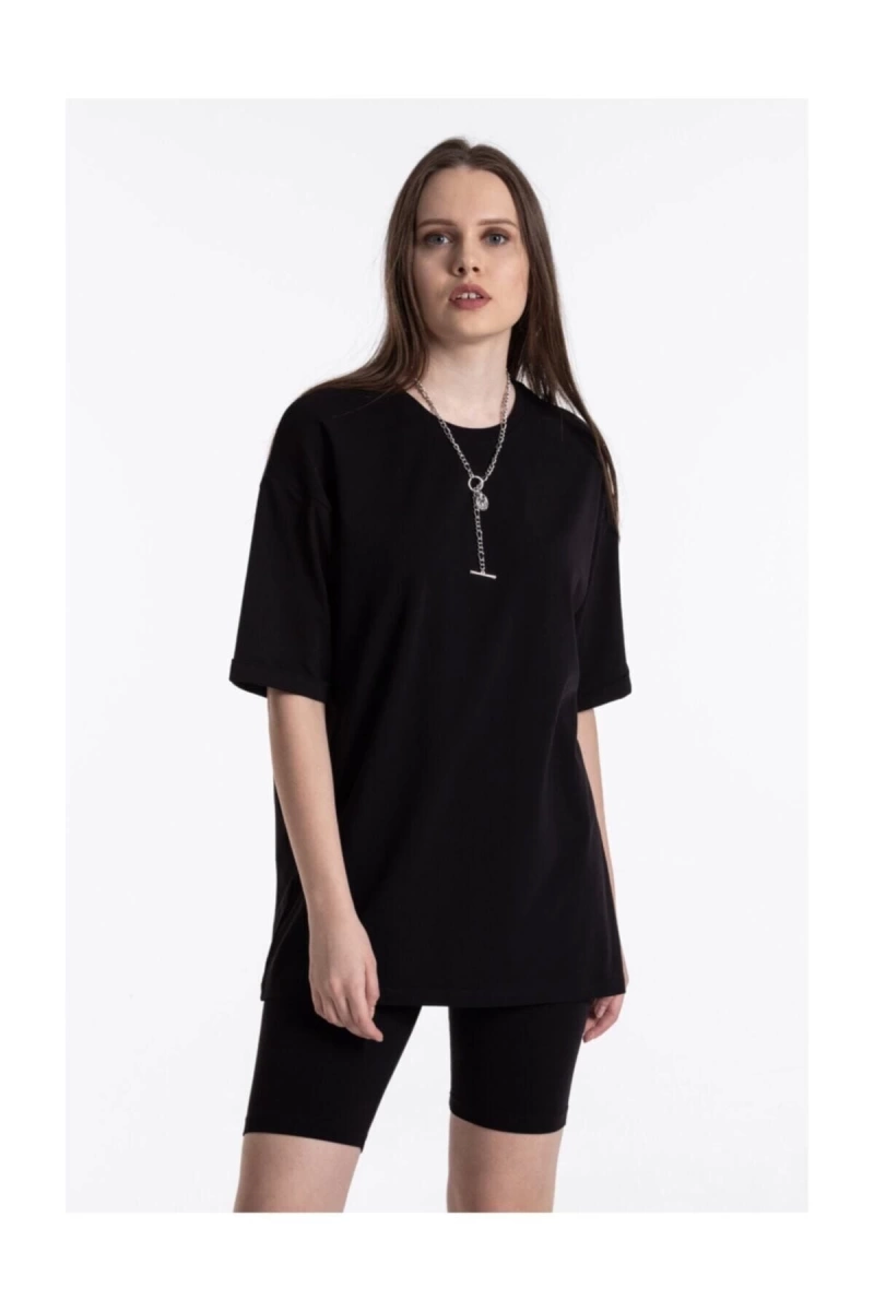 Siyah Renkli, Düz, Kısa Kollu Boyfriend Örme T-shirt