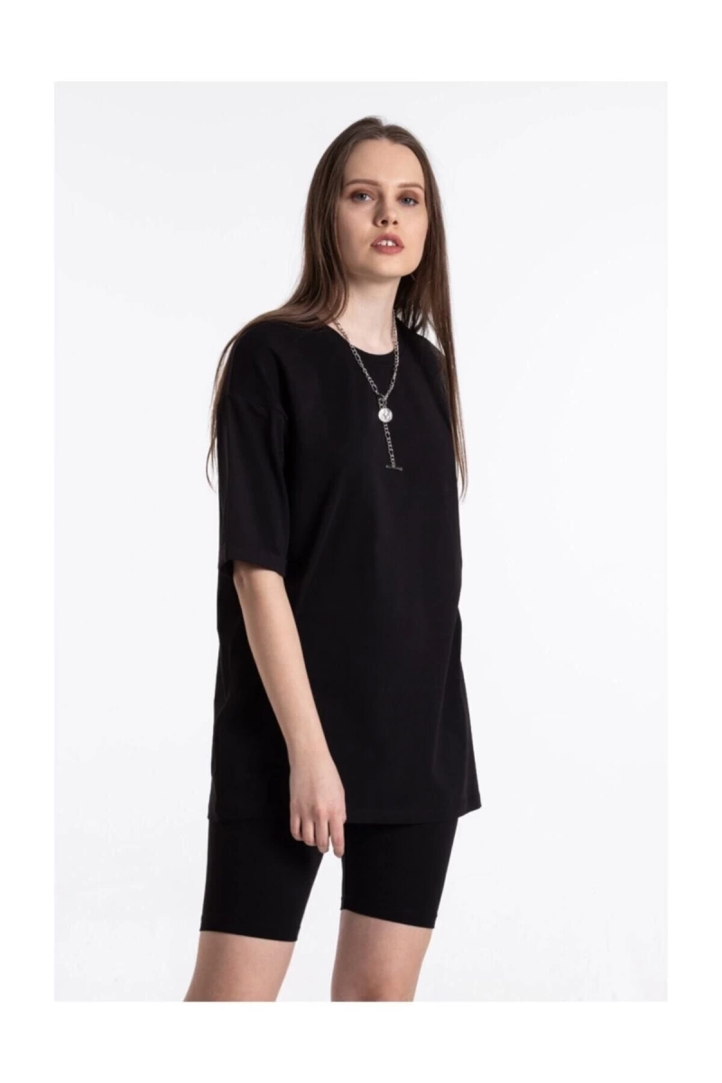 Siyah Renkli, Düz, Kısa Kollu Boyfriend Örme T-shirt