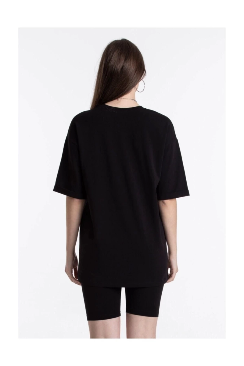 Siyah Renkli, Düz, Kısa Kollu Boyfriend Örme T-shirt