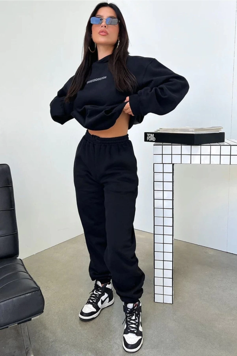Siyah Thatssofeton Dijital Baskılı Kışlık Unisex Eşofman Takımı