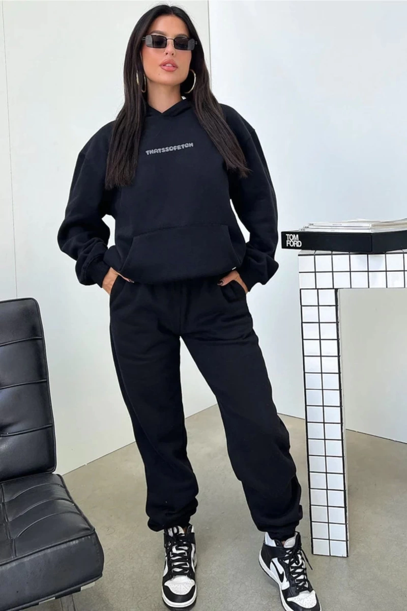 Siyah Thatssofeton Dijital Baskılı Kışlık Unisex Eşofman Takımı