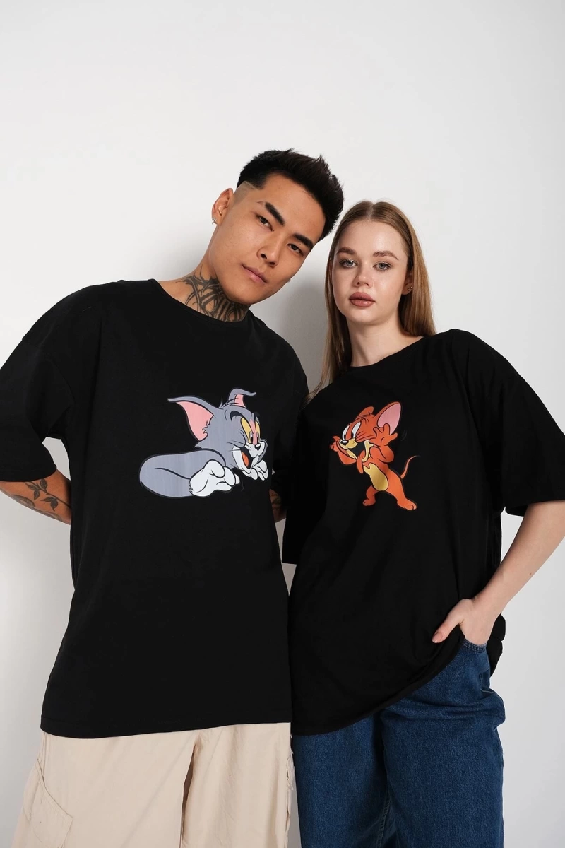 Siyah Unisex Ikili Tom Ve Jery Baskılı Oversize T-shirt