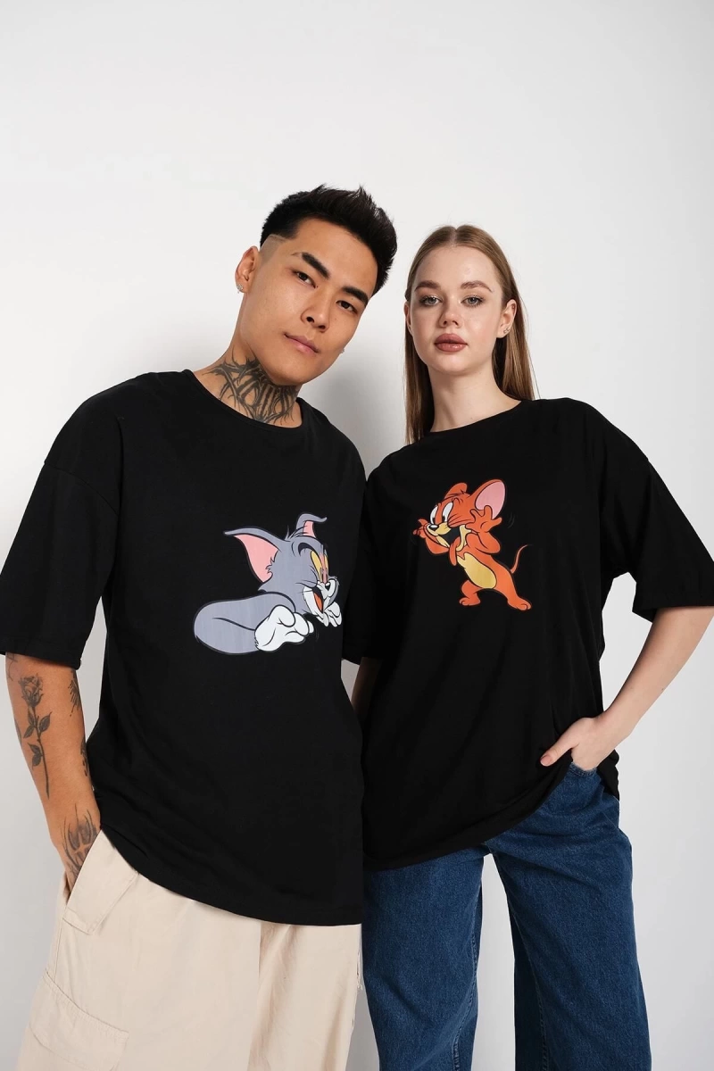 Siyah Unisex Ikili Tom Ve Jery Baskılı Oversize T-shirt
