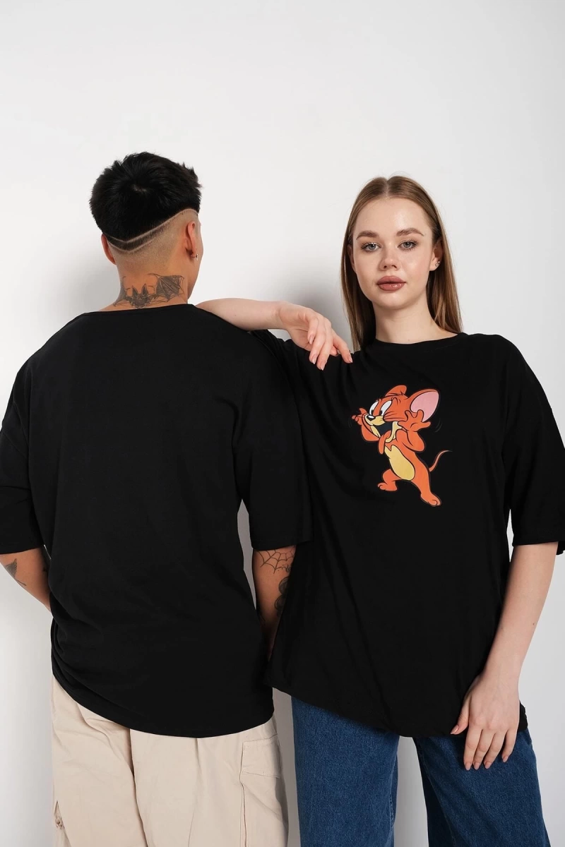 Siyah Unisex Ikili Tom Ve Jery Baskılı Oversize T-shirt