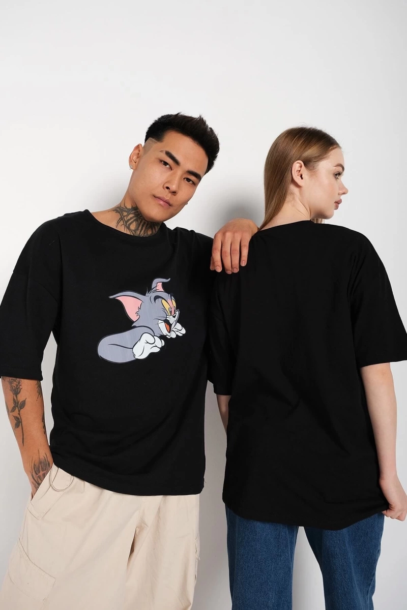 Siyah Unisex Ikili Tom Ve Jery Baskılı Oversize T-shirt