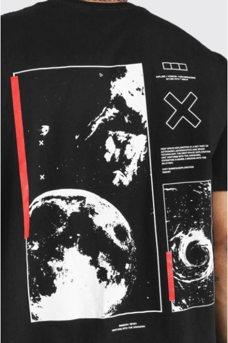 Siyah Uzay Sırt Baskılı Bisiklet Yaka Oversize T-shirt