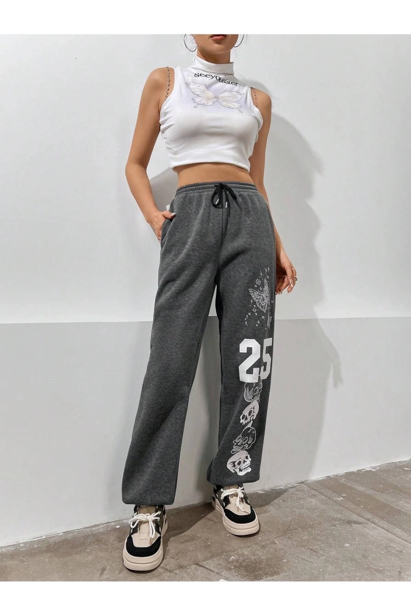 Skull & Letter Graphic Drawstring Waist 4 Mevsim Eşofman