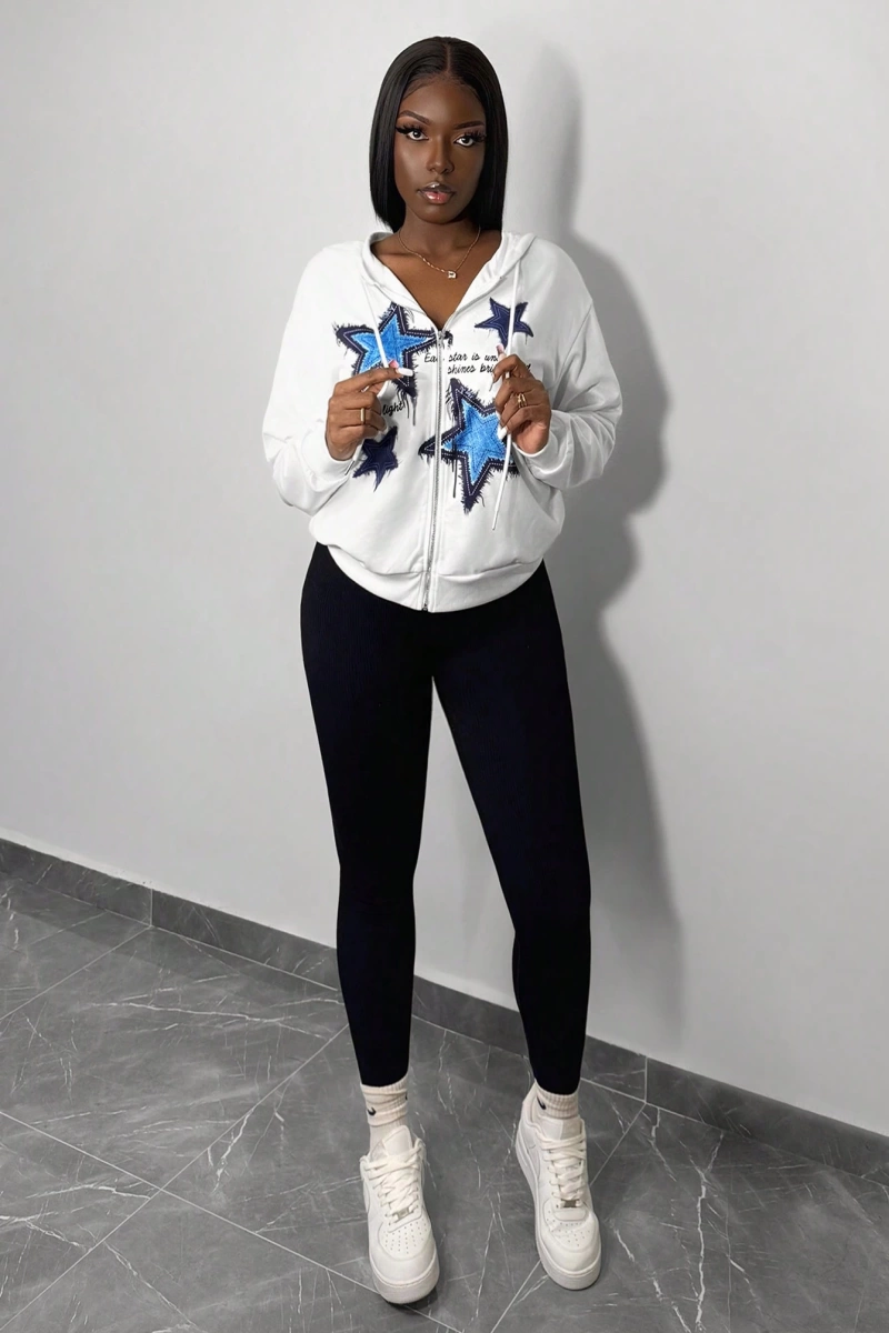 Slaydiva Kış Rahat Sokak Yıldızı Baskılı Bol Kesim Kapüşonlu Sweatshirt Kadınlar İçin Model 5159