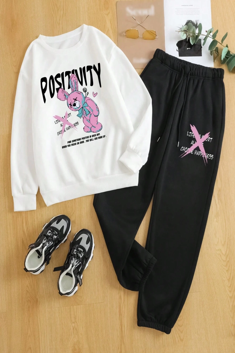 Slayr Kadın Karikatür Mektup Baskılı Kazak Sweatshirt Ve Eşofman Altı İki Parça Set