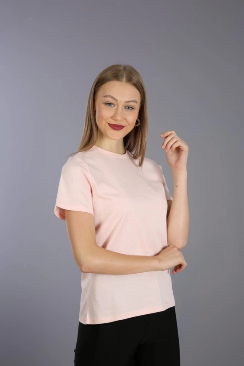 Slim Fit Yuvarlak Yaka Basic T-shirt Toz Pembe