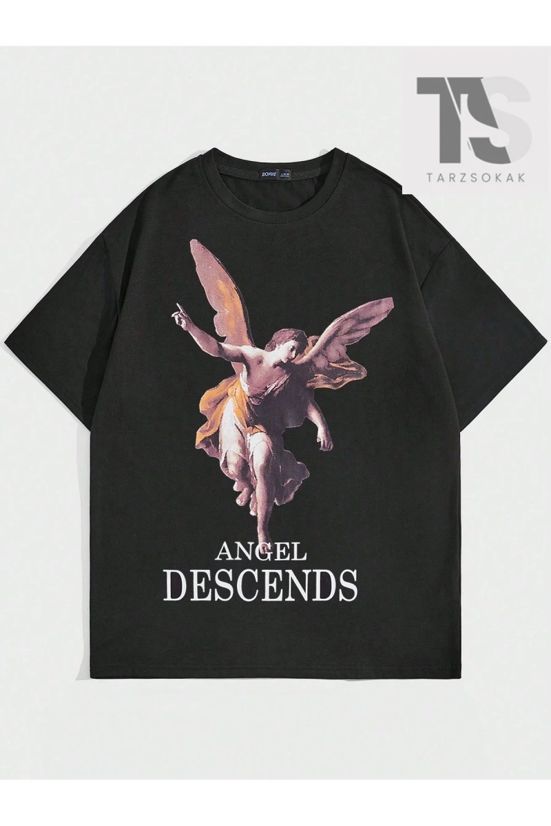 Sloganlı ve Melek Desenli Erkek Baskılı Yuvarlak Yaka T-Shirt