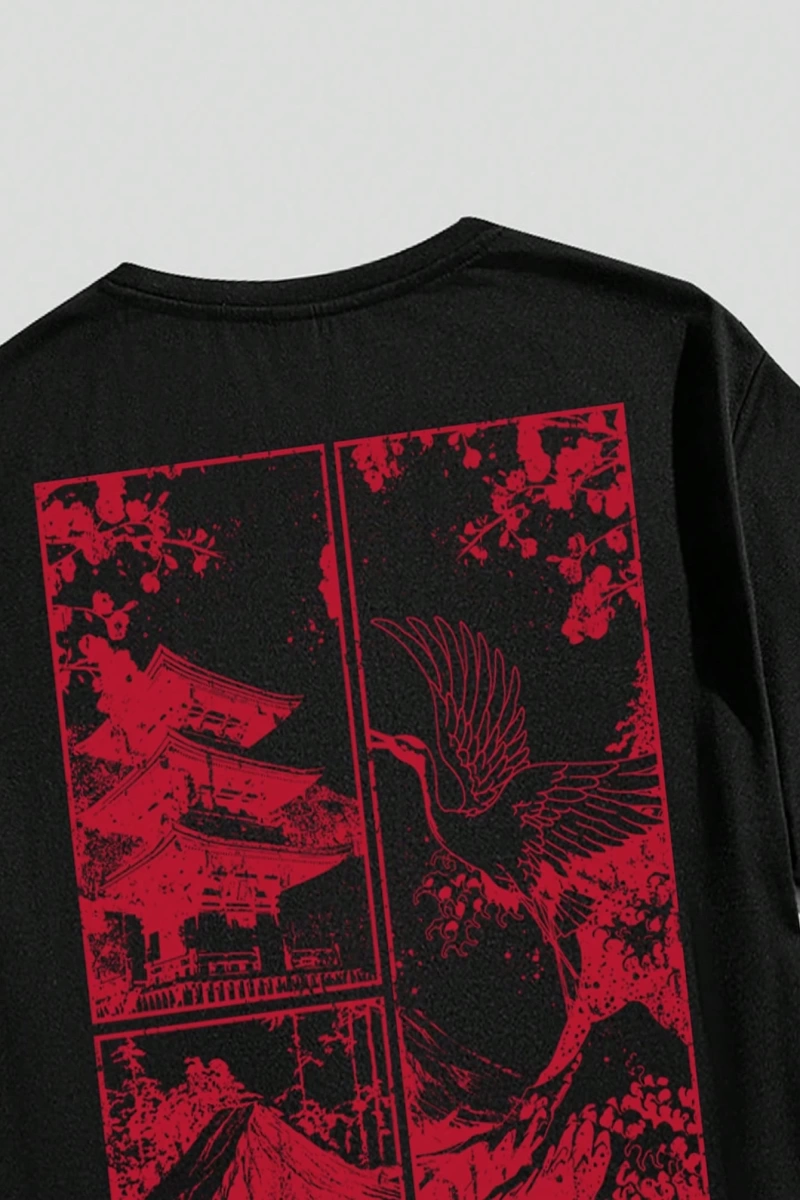 Sokak Stili Orijinal Mavi Japon Turna Ukiyo-E Manzara Baskılı Beyaz Örgü T