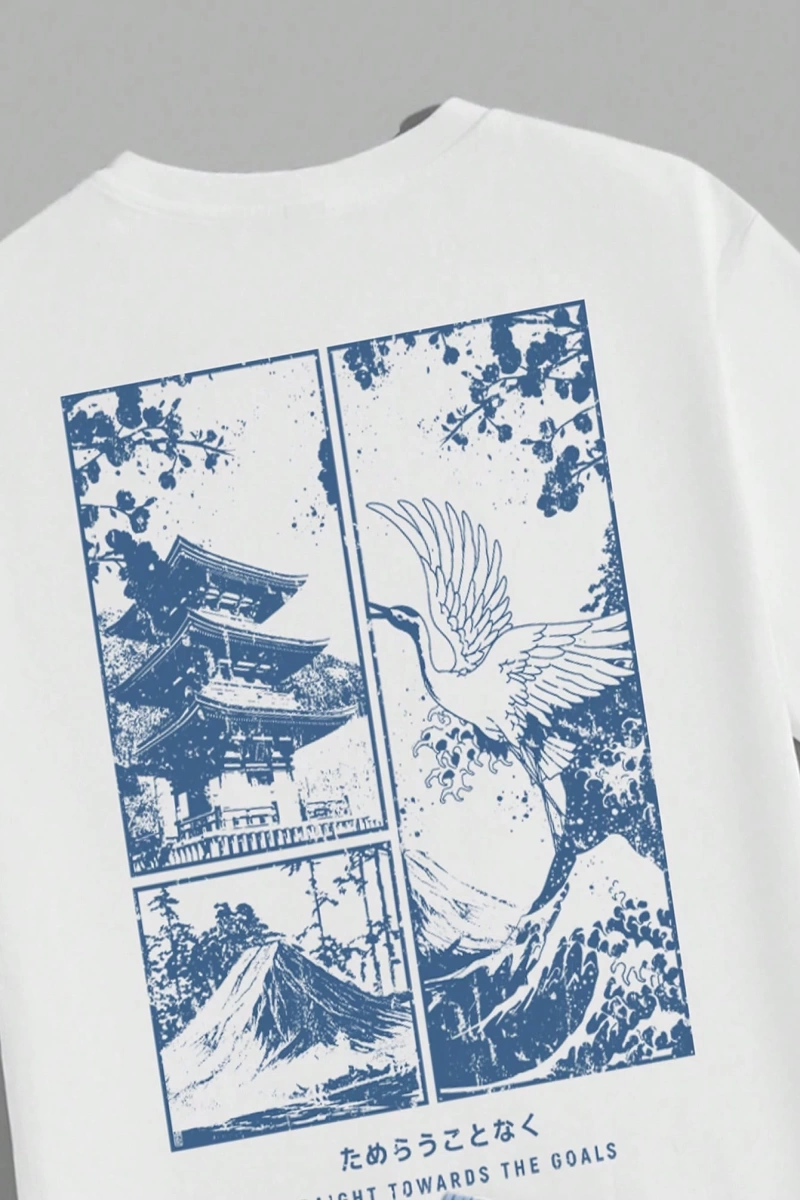 Sokak Stili Orijinal Mavi Japon Turna Ukiyo-E Manzara Baskılı Beyaz Örgü T
