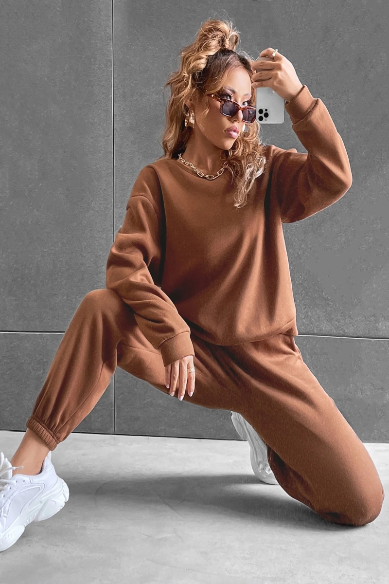 Solid Düşük Omuz Sweatshirt & Eşofman Altı