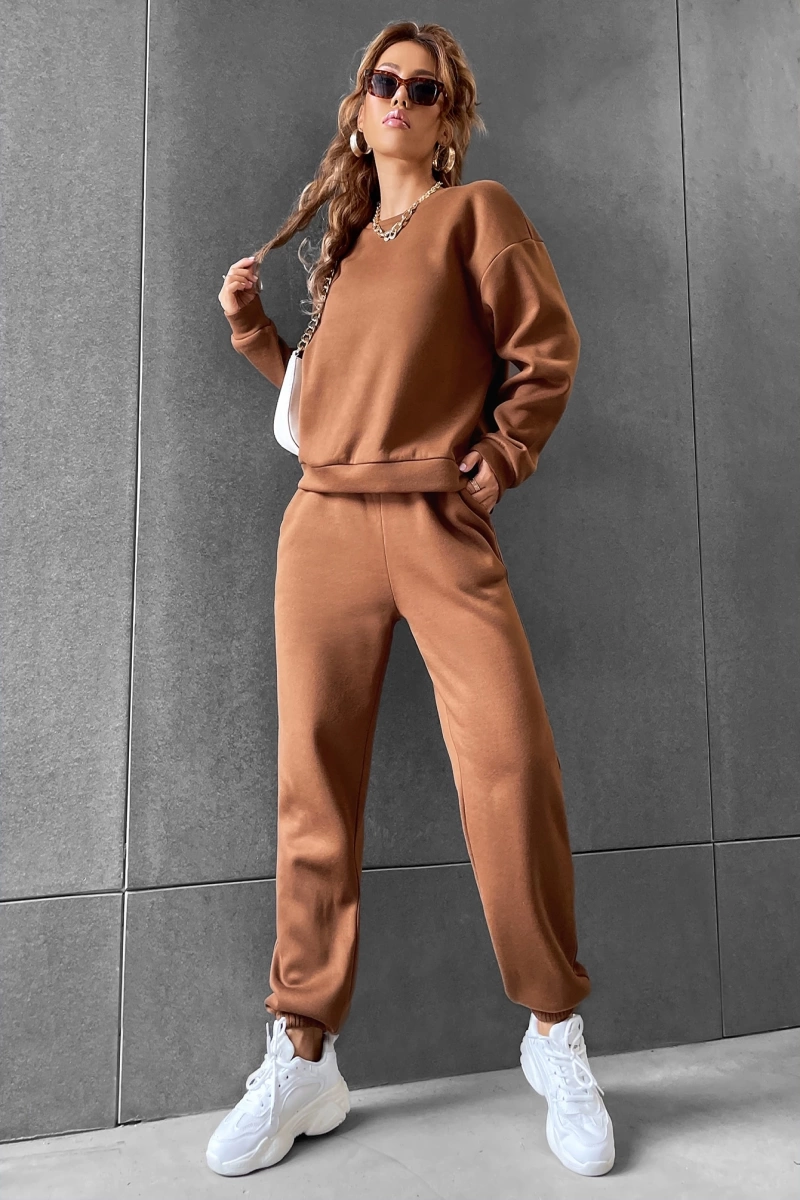 Solid Düşük Omuz Sweatshirt & Eşofman Altı
