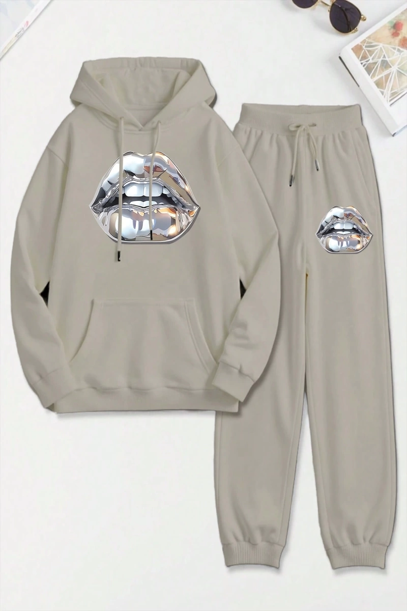 Solid Düşük Omuz Sweatshirt & Eşofman Altı