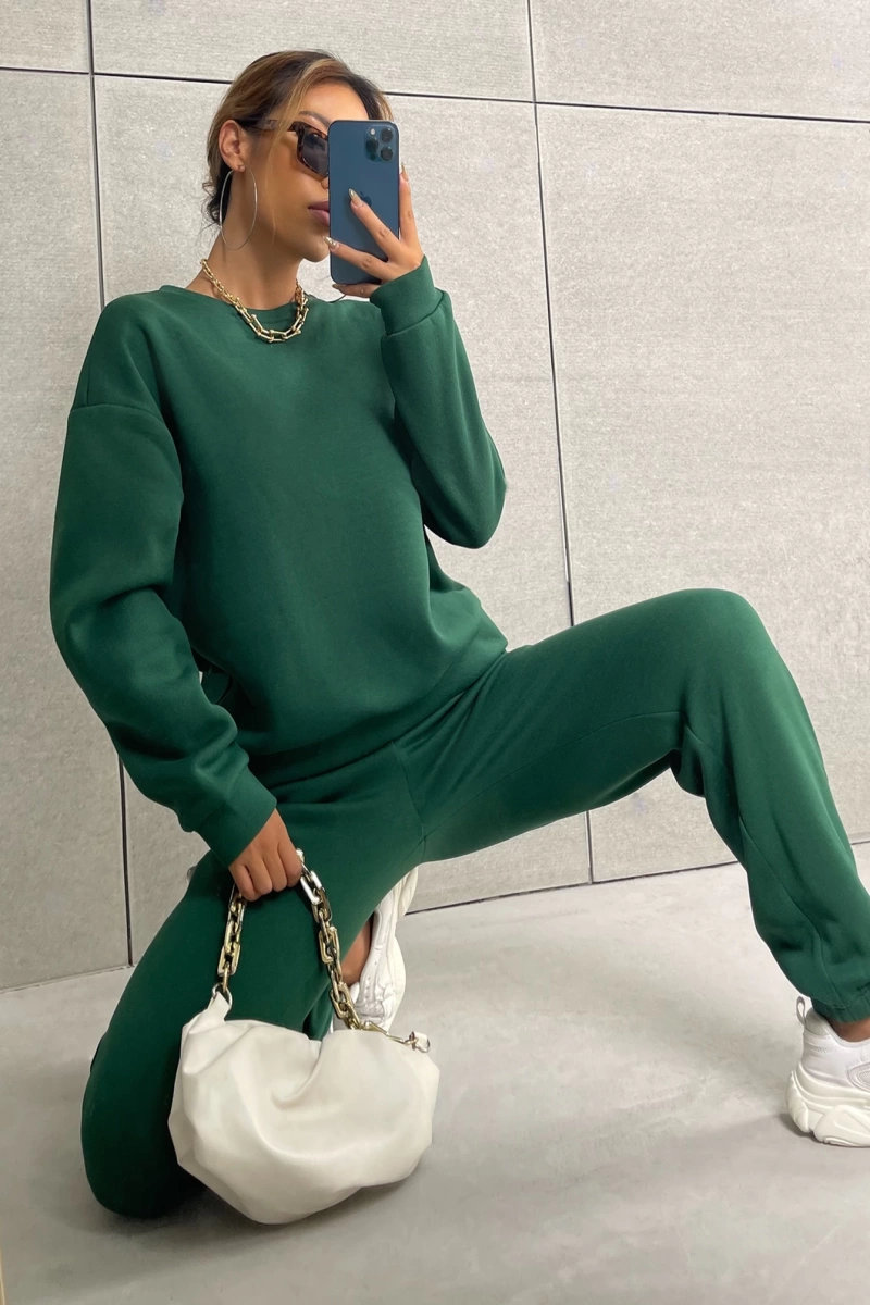 Solid Düşük Omuz Sweatshirt & Eşofman Altı