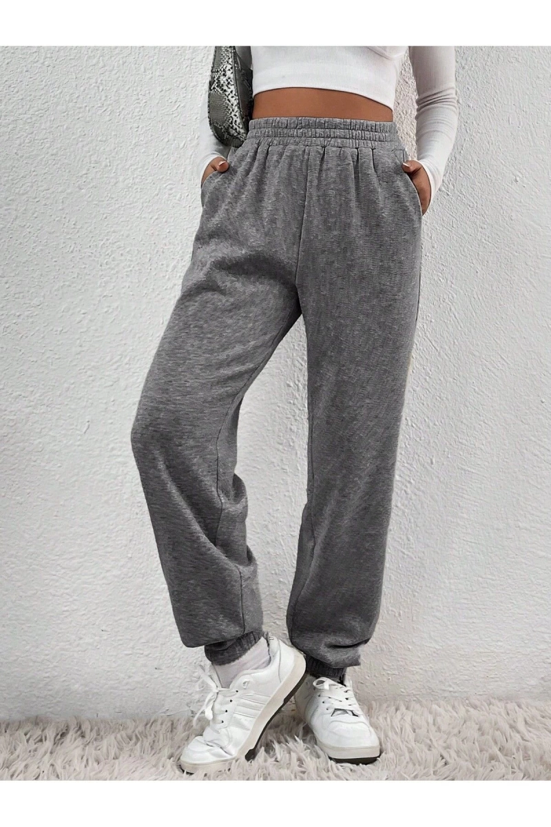 Solid Slant Pocket Elastic Waist 4 Mevsim Eşofman