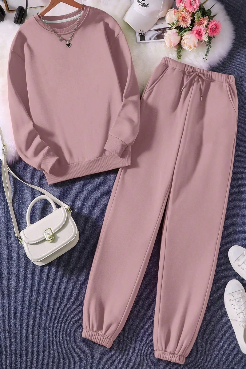 Solid Termal Astarlı Sweatshirt ve Bağcıklı Bel Eşofman Altı