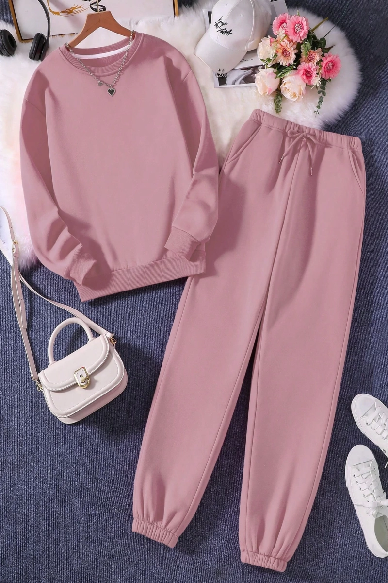 Solid Termal Astarlı Sweatshirt ve Bağcıklı Bel Eşofman Altı