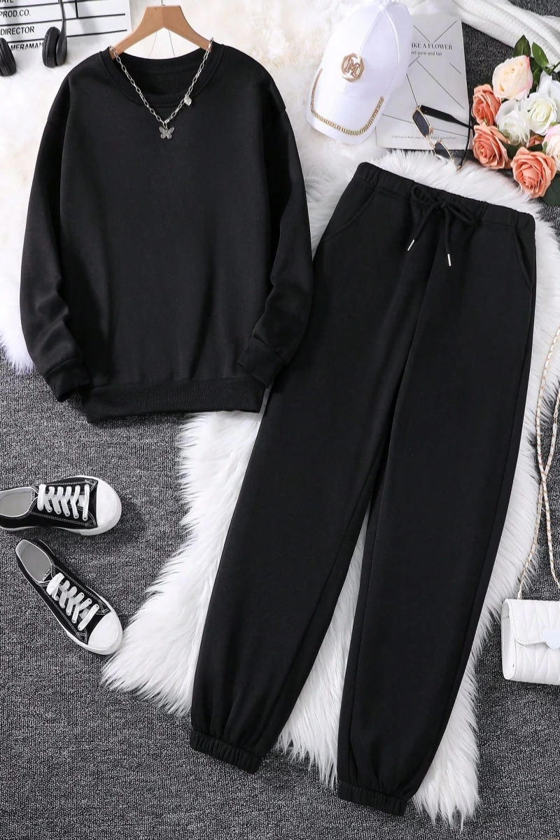 Solid Termal Astarlı Sweatshirt ve Bağcıklı Bel Eşofman Altı