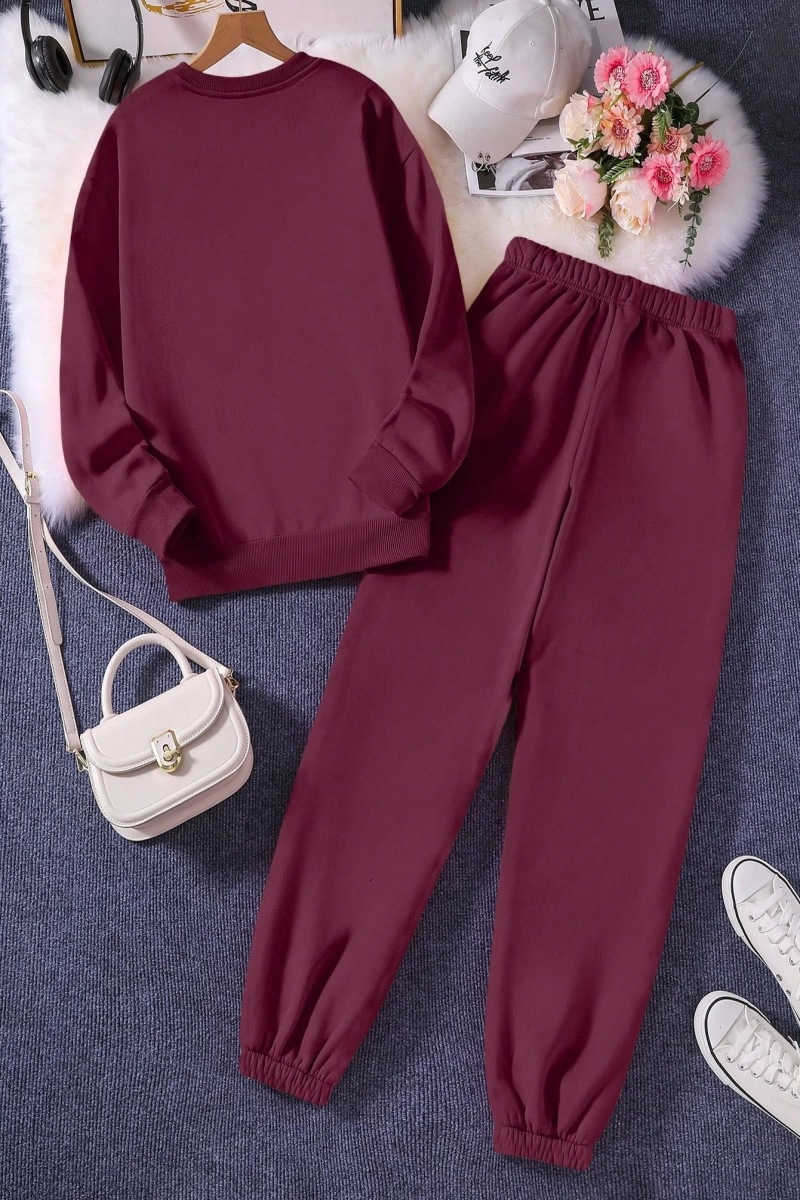 Solid Termal Astarlı Sweatshirt ve Bağcıklı Bel Eşofman Altı