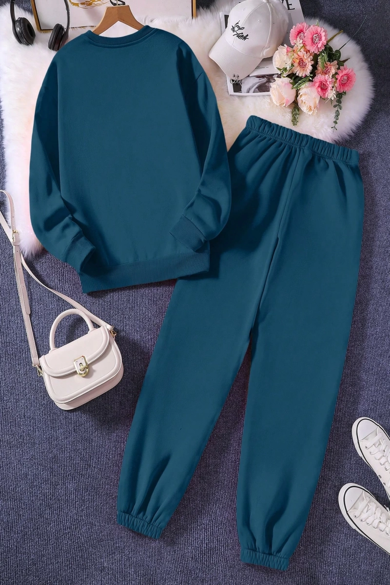 Solid Termal Astarlı Sweatshirt ve Bağcıklı Bel Eşofman Altı