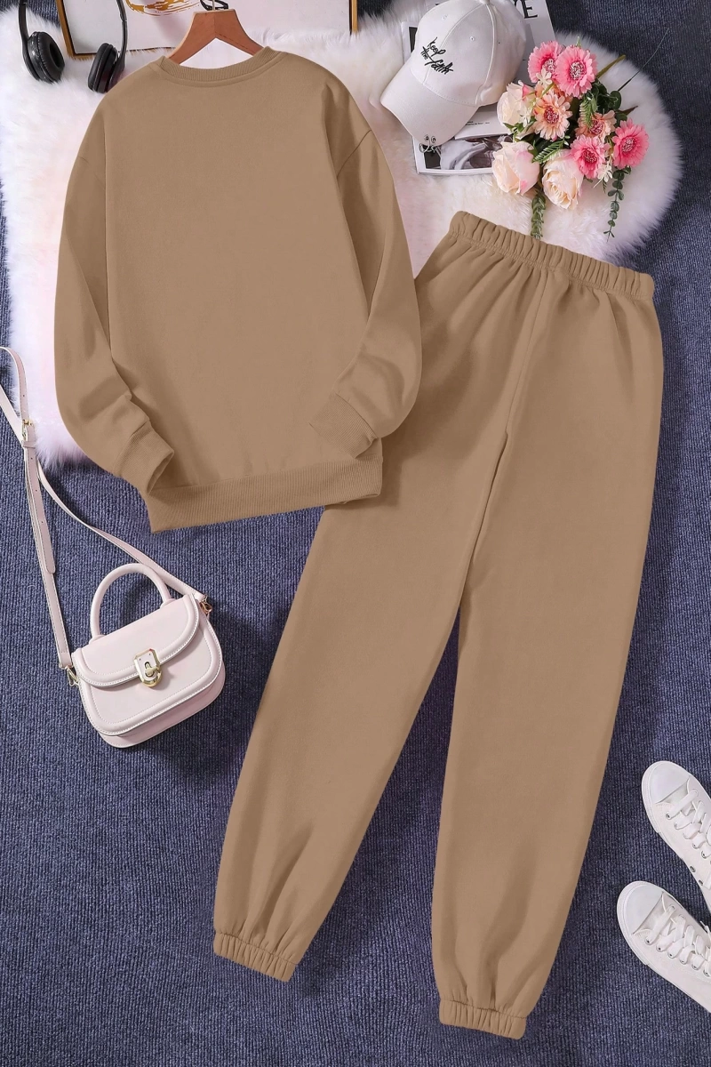 Solid Termal Astarlı Sweatshirt ve Bağcıklı Bel Eşofman Altı