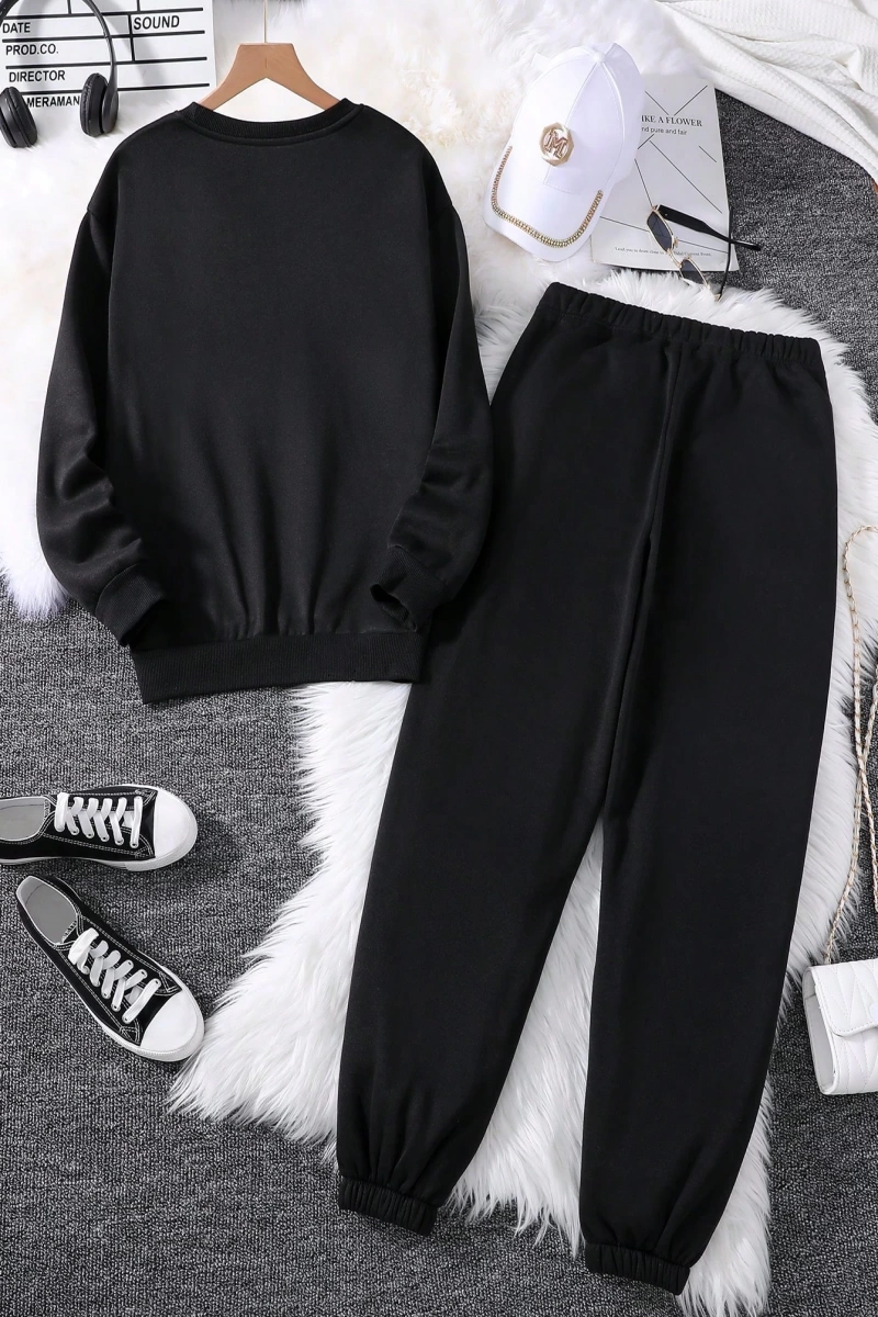 Solid Termal Astarlı Sweatshirt ve Bağcıklı Bel Eşofman Altı