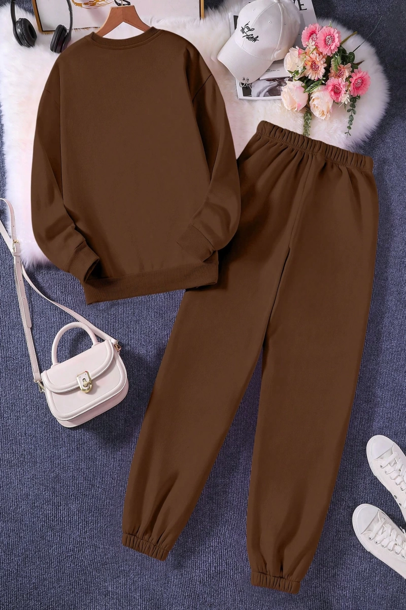 Solid Termal Astarlı Sweatshirt ve Bağcıklı Bel Eşofman Altı