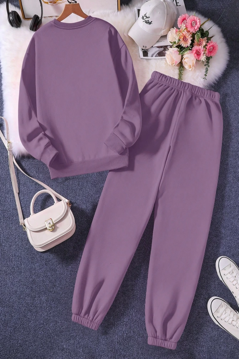 Solid Termal Astarlı Sweatshirt ve Bağcıklı Bel Eşofman Altı
