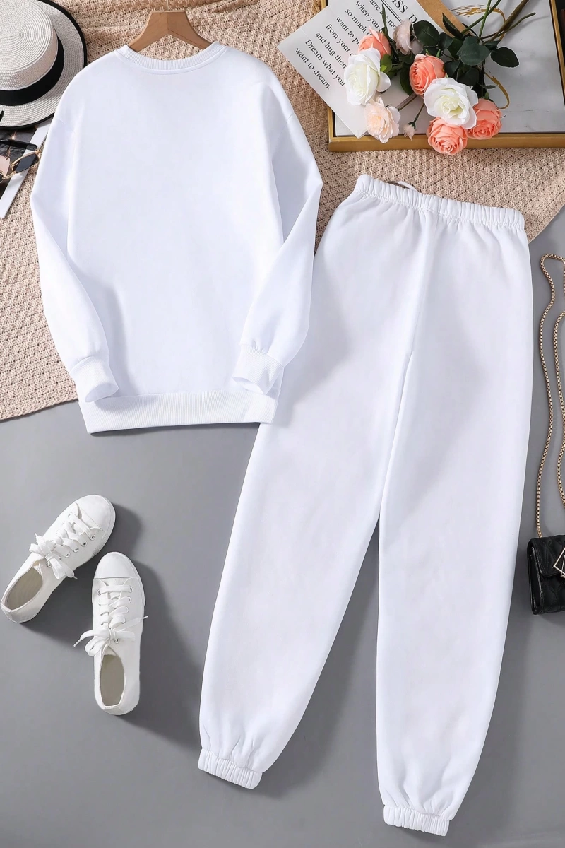 Solid Termal Astarlı Sweatshirt ve Bağcıklı Bel Eşofman Altı