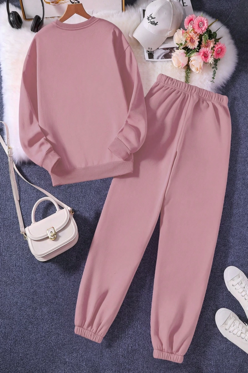 Solid Termal Astarlı Sweatshirt ve Bağcıklı Bel Eşofman Altı