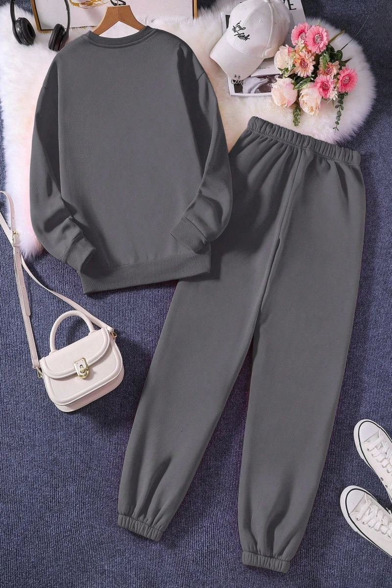 Solid Termal Astarlı Sweatshirt ve Bağcıklı Bel Eşofman Altı