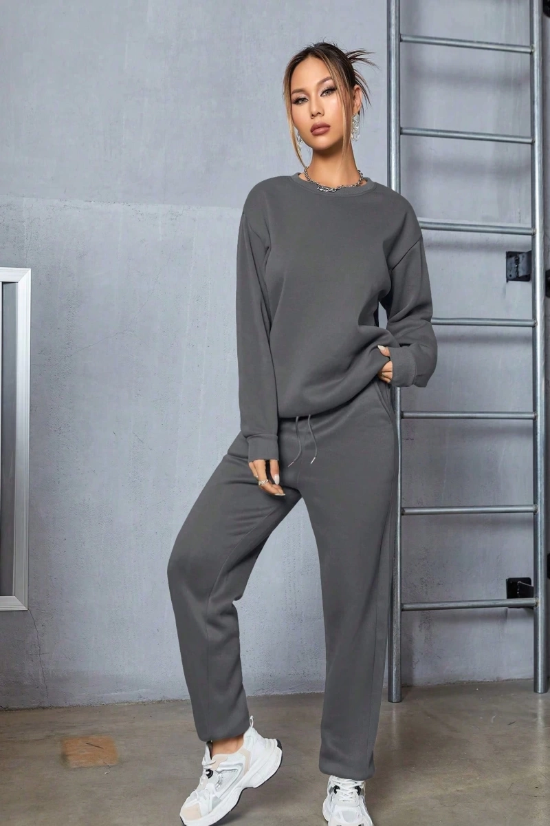 Solid Termal Astarlı Sweatshirt ve Bağcıklı Bel Eşofman Altı